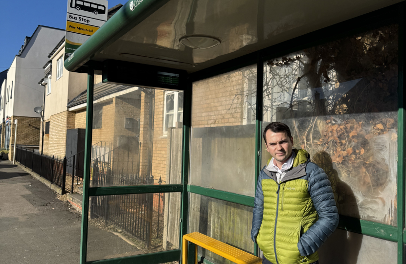 Lewis at a bus stop in Goffs Oak