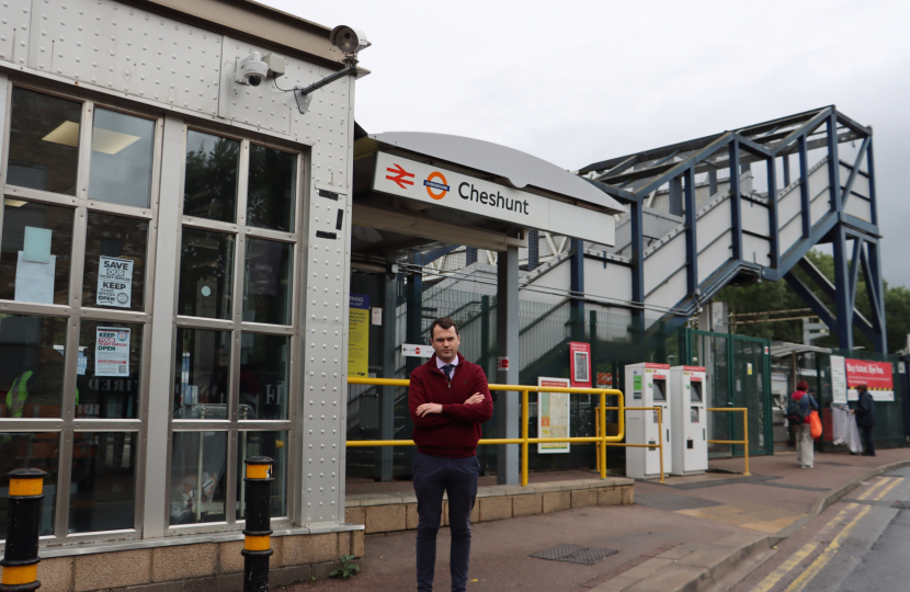 Lewis Cocking outside Cheshunt train station