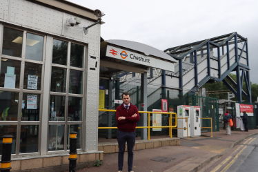 Lewis Cocking outside Cheshunt train station